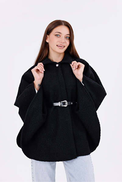freemen Women's Black Boucle Fabric Buckle Waist Detailed Stylish Poncho – Warm and Trendy Winter Outerwear