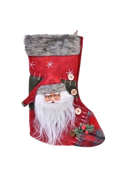 ANTBRO Decorațiune ciorap de Crăciun 3D - carouri roșii, poliester, Moș Crăci...