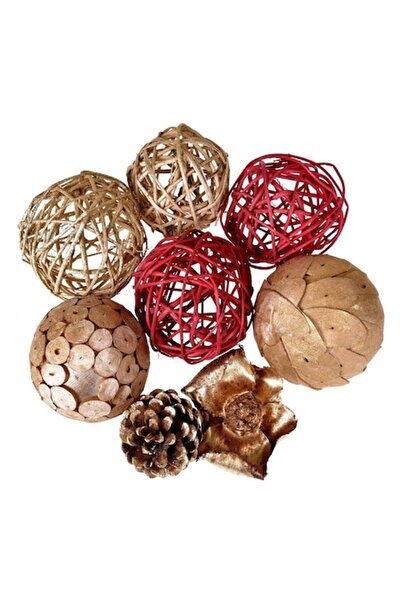 SHOPIENS Decorative Christmas Potpourri Set, Sphere Model, Red & Gold, Wood, 8 pcs