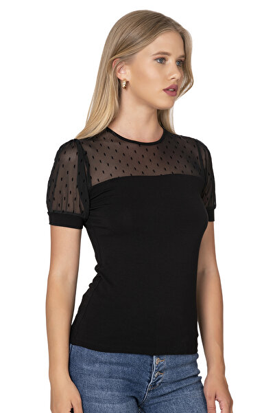 ÖZKAN underwear Özkan 27680 Women's Premium Fabric Ring Viscose Short Sleeve T-Shirt Blouse Crew Neck Tulle Detail