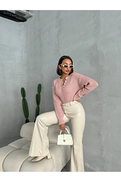 citystyle Women's Powder Buttoned Knitwear Sweater Crew Neck Long Sleeve Stylish Soft Textured