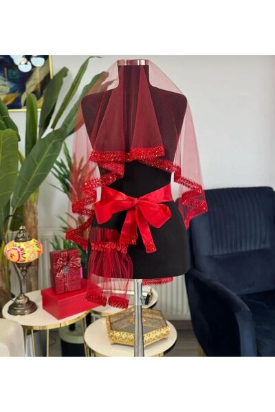 COOL NİGHT Kırmızı Zarif Gelin Duvak Seti, Su Taşlı Kına Duvağı Seti 4 Parça ...