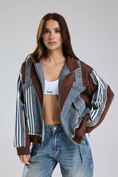 tw3 Jachetă de damă din piele intoarsa si denim cu detaliu de design cu dungi