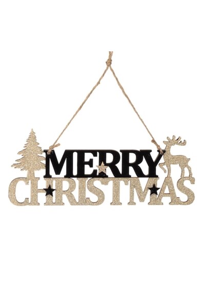 SHOPIENS Дървена коледна висяща украса „Весела Коледа“, черно кадифе, златен ...
