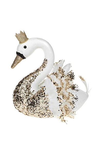 SHOPIENS Christmas Decorative Figurine - Swan, White Foam with Gold Glitter & Crown, 18 cm