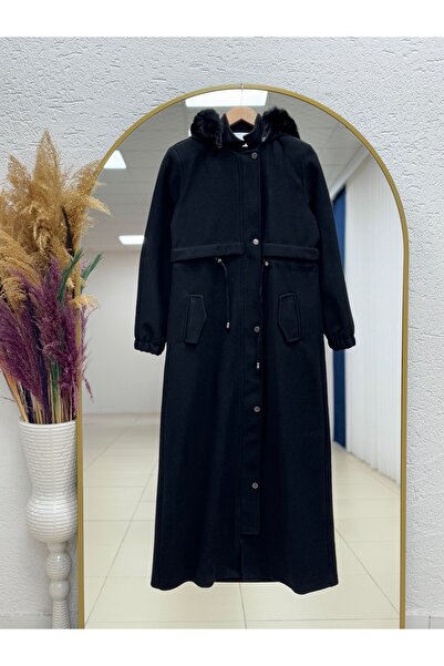 BENAHOLL معطف كاميليا بيلي تونيلي بغطاء للرأس وفرو كامل الطول-ZŞ4712 أسود