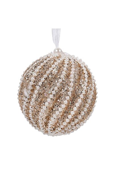 SHOPIENS Ornament de Crăciun pentru brad - glob bej șampanie cu perle albe și...