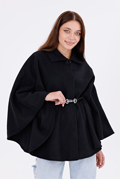 freemen Women's Black Tok Duruşlu Plush Poncho – Warm Winter Outerwear with Buckle Waist Detail