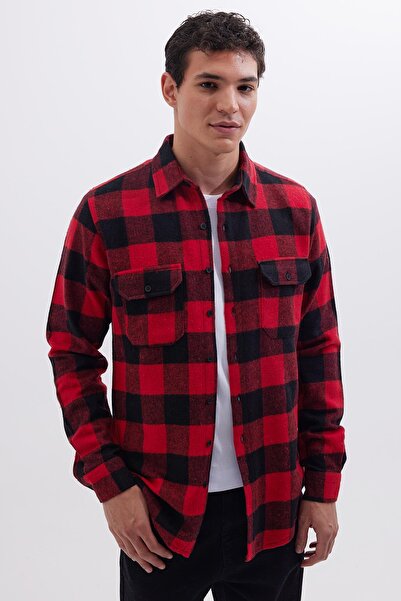 Tudors Erkek Slim Fit Dar Kesim Uzun Kollu Kapaklı Çift Cepli Kareli Kışlık Oduncu Gömlek