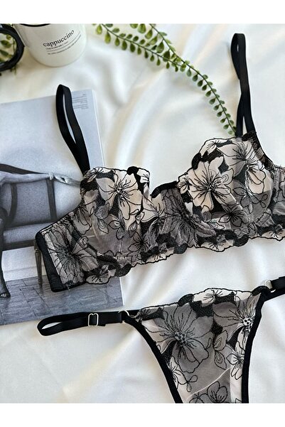 Maristea Black Skin Look Floral Detailed Lingerie Set