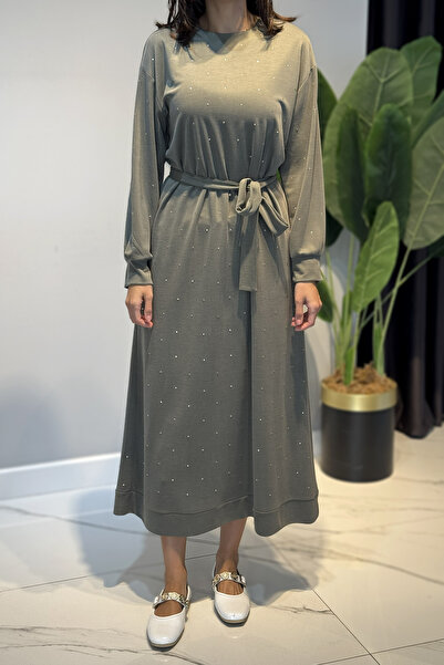 Lale Butik Stone Detailed Dress 92039 Khaki