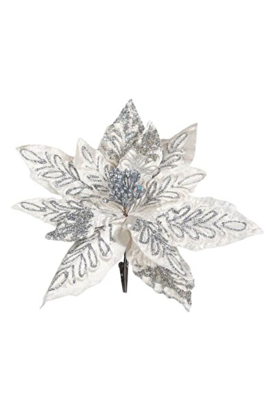 SHOPIENS Ornament de Crăciun cu flori și clemă, 25 cm, alb cu sclipici argintiu