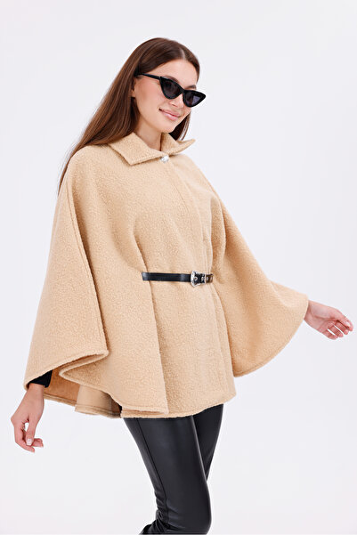 freemen Women's Beige Boucle Fabric Buckle Waist Detailed Stylish Poncho – Warm and Trendy Winter Outerwear