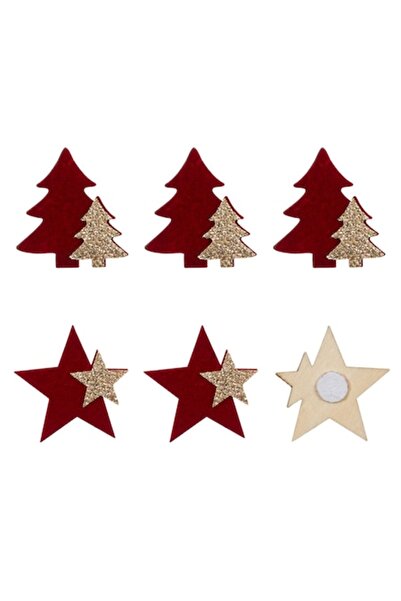 SHOPIENS Autocolante de Crăciun, model cu brad și stea, lemn, vișiniu și bej, 4 cm, set de 6