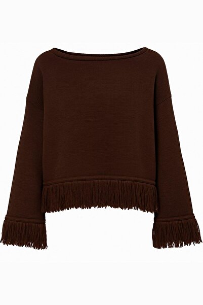 Mixray 6981 Γυναικείο πλεκτό πουλόβερ με λεπτομέρεια με φούντα και λαιμόκοψη σε καφέ χρώμα