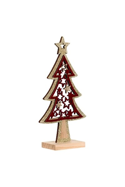 SHOPIENS Decorațiune de Crăciun din lemn - Brad roșu cu detalii aurii cu scli...