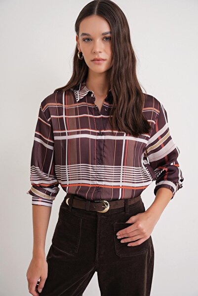 Mixray 4751 Women's Plaid Slim Satin Shirt Brown