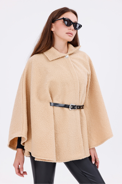 freemen Women's Beige Boucle Fabric Buckle Waist Detailed Stylish Poncho – Warm and Trendy Winter Outerwear