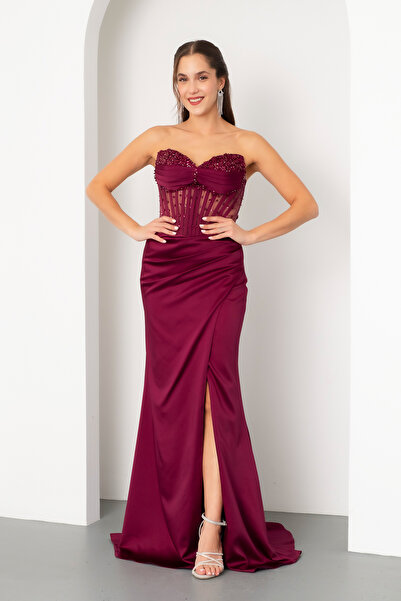 Lafaba Γυναικείο βραδινό φόρεμα από σατέν με στράπλες με χάντρες