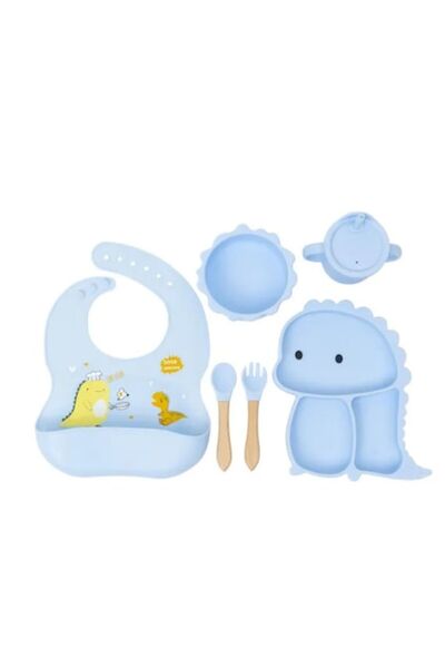 Brivoo® Set de hrănire pentru bebeluși Brivoo, 6 bucăți - Silicon premium, albastru cu dinozauri