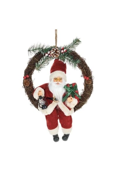 ANTBRO ® Coroană decorativă de Crăciun - Moș Crăciun cu costum roșu, pălărie clopoțel, felinar și cadou, 30 cm