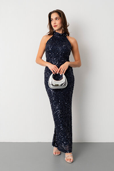 Lafaba Women's Navy Blue Halter Neck Sequin Long Evening Dress