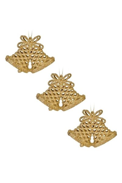 ANTBRO Set de 3 ornamente de Crăciun cu clopoței aurii și sclipici, 7 cm
