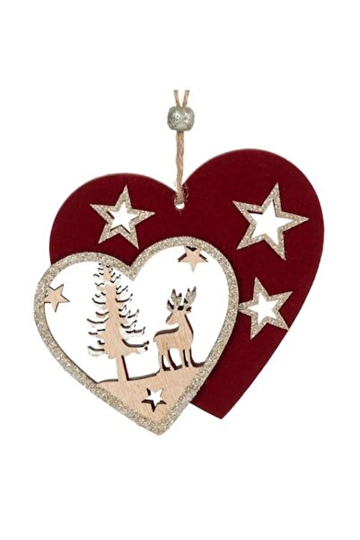 ANTBRO Ornament de Crăciun - Inimă dublă din lemn, catifea vișinie cu stele, cerbi și brad auriu cu sclipici