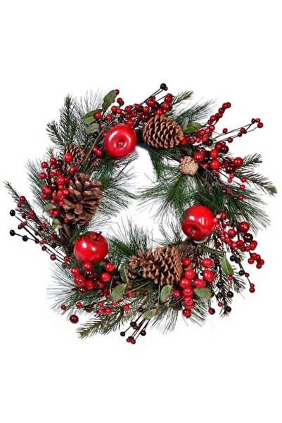 ANTBRO ® Coroană decorativă de Crăciun cu crengi de brad, mere roșii, ace de pin, conuri de pin și ber