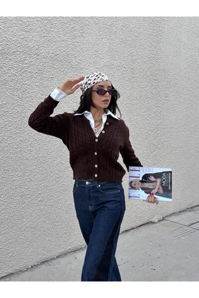 minaaise Women's Brown Hair Knit Stone Buttoned Short Cardigan 30033