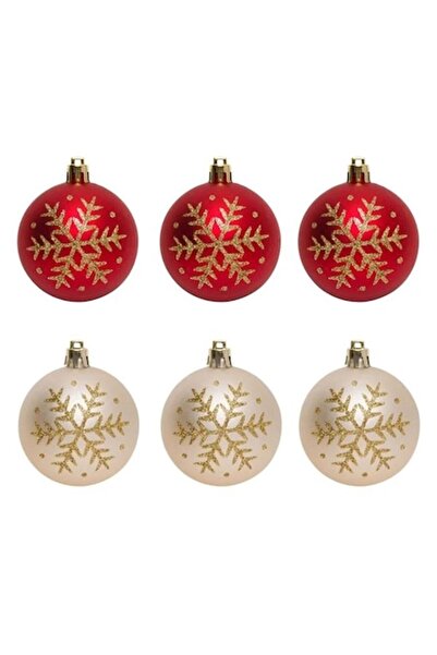 ANTBRO Set de 6 globuri de Crăciun Antbro® bej și roșu, mate cu fulgi de zăpa...