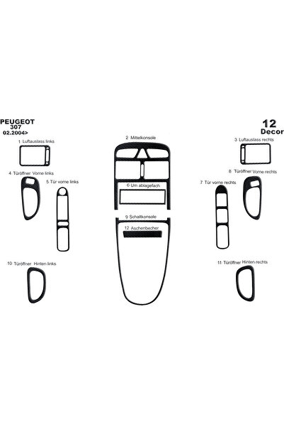 Marscockpitdesign غطاء كونسول وصندوق السيارة لبيجو 307 موديل 2004-2008، 12 قطعة