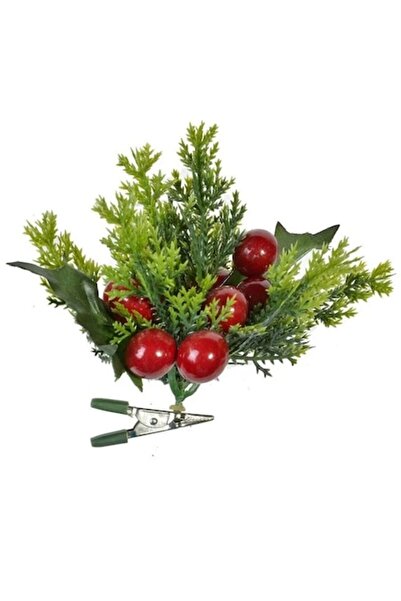 ANTBRO Ornament de Crăciun cu clemă, creangă de brad cu fructe de pădure roșii, 9 cm