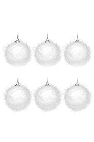 OEM Set globuri de Crăciun, sclipici alb cu fibre, 8 cm, 6 bucăți