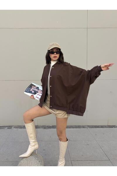 minaaise Kadın Kahve Astarlı Oversize Tasarım Trençkot 30050