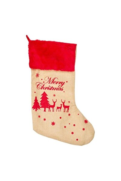 ANTBRO Χριστουγεννιάτικη κάλτσα δώρου, μπεζ με κόκκινη γούνα, "Καλά Χριστούγε...