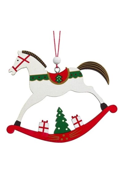 ANTBRO ® Ornament de Crăciun din lemn, Cal roșu cu cadouri, 12 cm