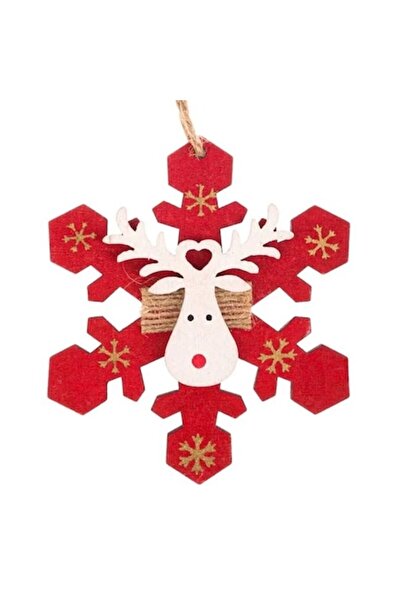 ANTBRO Ornament de Crăciun din lemn, fulg de zăpadă roșu cu cerb alb, 10 cm
