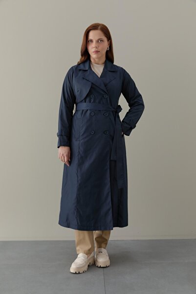 FATMA DANIŞMAN Bondit Kumaş Rüzgarlık Detaylı İç Astarı Renkli Trenç -Lacivert