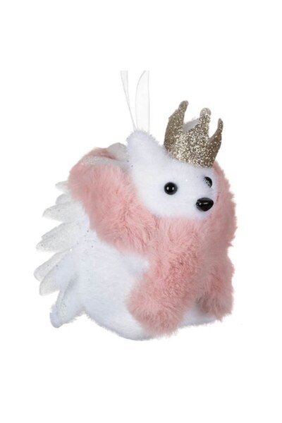 ANTBRO Ornament de Crăciun - arici alb cu eșarfă și coroană din blană artificială roz nud, 10,5 cm