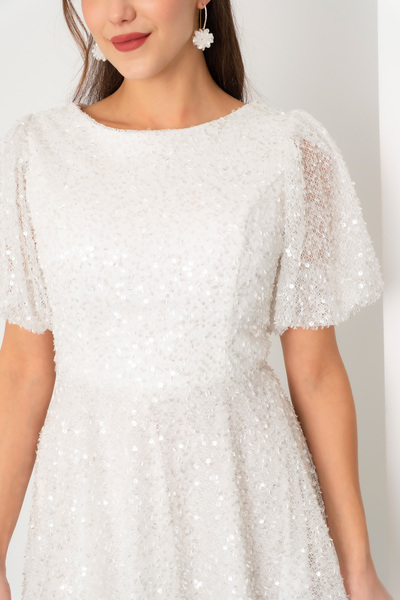 OFZE Kadın Beyaz Balon Kol Pul Payet Midi Abiye Elbise