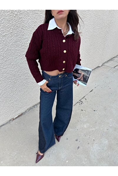 minaaise Women's Burgundy Gold Buttoned Short Cardigan 5556