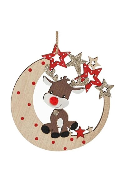 ANTBRO Ornament de Crăciun din lemn - Lună și stele perforate cu cerb și pomp...