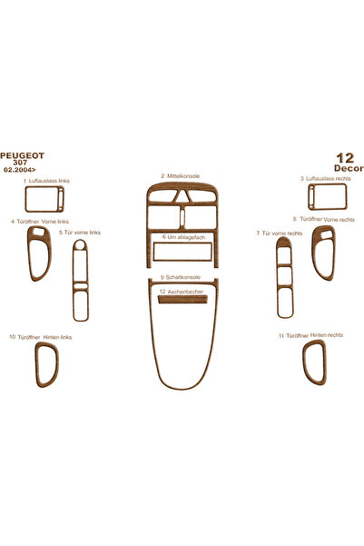 Marscockpitdesign غطاء كونسول وصندوق السيارة لبيجو 307 موديل 2004-2008، 12 قطعة