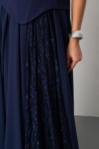 Lafaba Women's Navy Blue Strapless Neckline Pleated Lace Detail Long Evening Dress