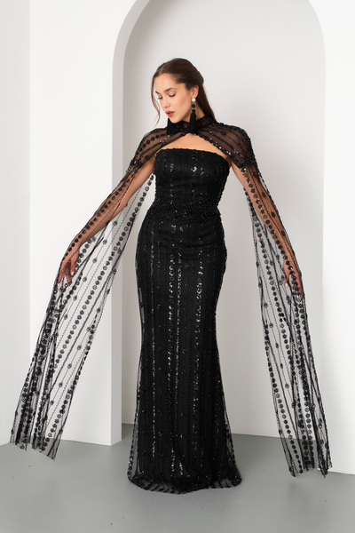 Lafaba Women's Black Shawl Long Sleeve High Neck Beaded Long Evening Dress