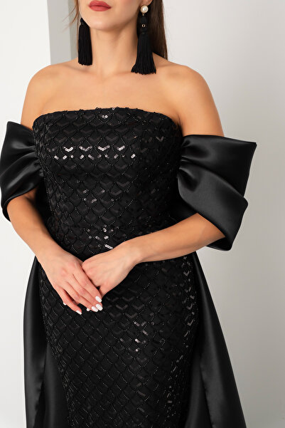 Lafaba Women's Black Strapless Beaded Satin Sweep Train Long Evening Dress