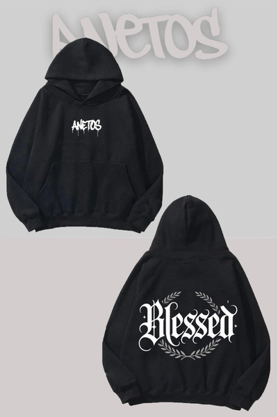 Anetos Blessed Hanorac cu glugă negru cu imprimeu pe spate