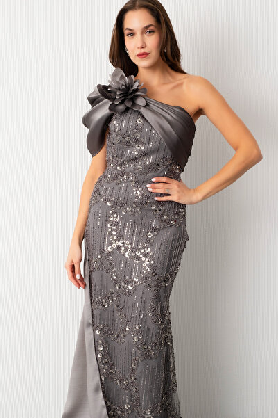 Lafaba Women's Gray Beaded One Shoulder Bow Detail Tailored Long Evening Dress