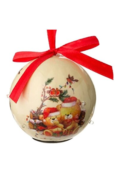 ANTBRO Ornament de Crăciun pentru brad - glob ecru cu imagine de ursuleț, 6 L...